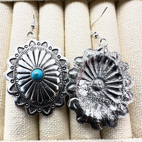 Western Concho Style Silver Tone Chandelier Pierced Earrings Faux Turquoise 2" - Picture 4 of 4
